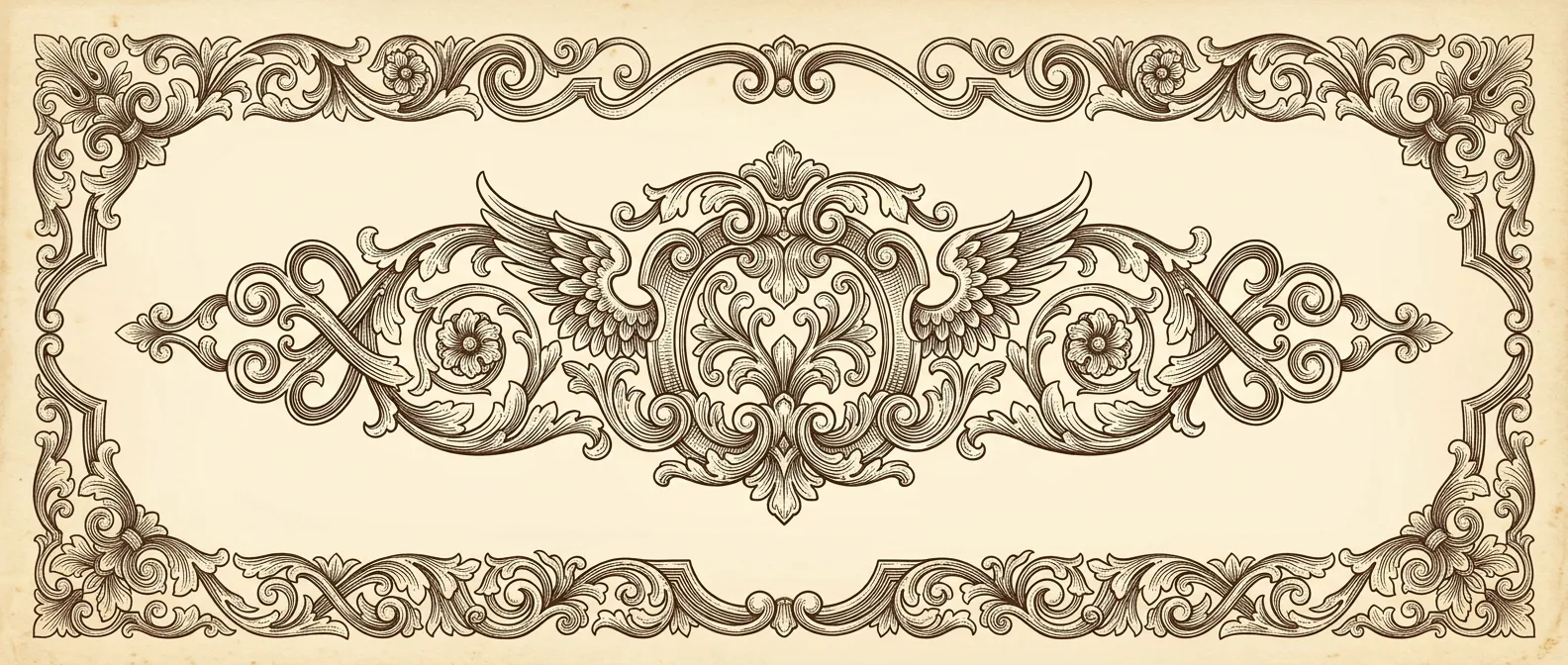 Historický barokní ornamentální vlys a dekorativní viněta v sepia tónech